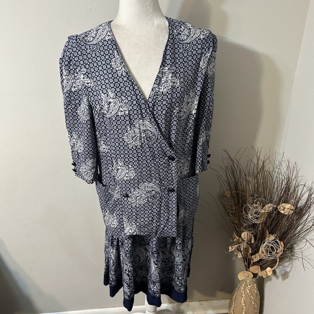 S.L. Petites 2pc Skirt & Blouse Set Blue White Paisley Pleated Double Buttons 10